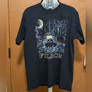 Filson Pioneer Graphic T-Shirt Ink Night Ship Wolf Navy Blue Men's Small NWT USA